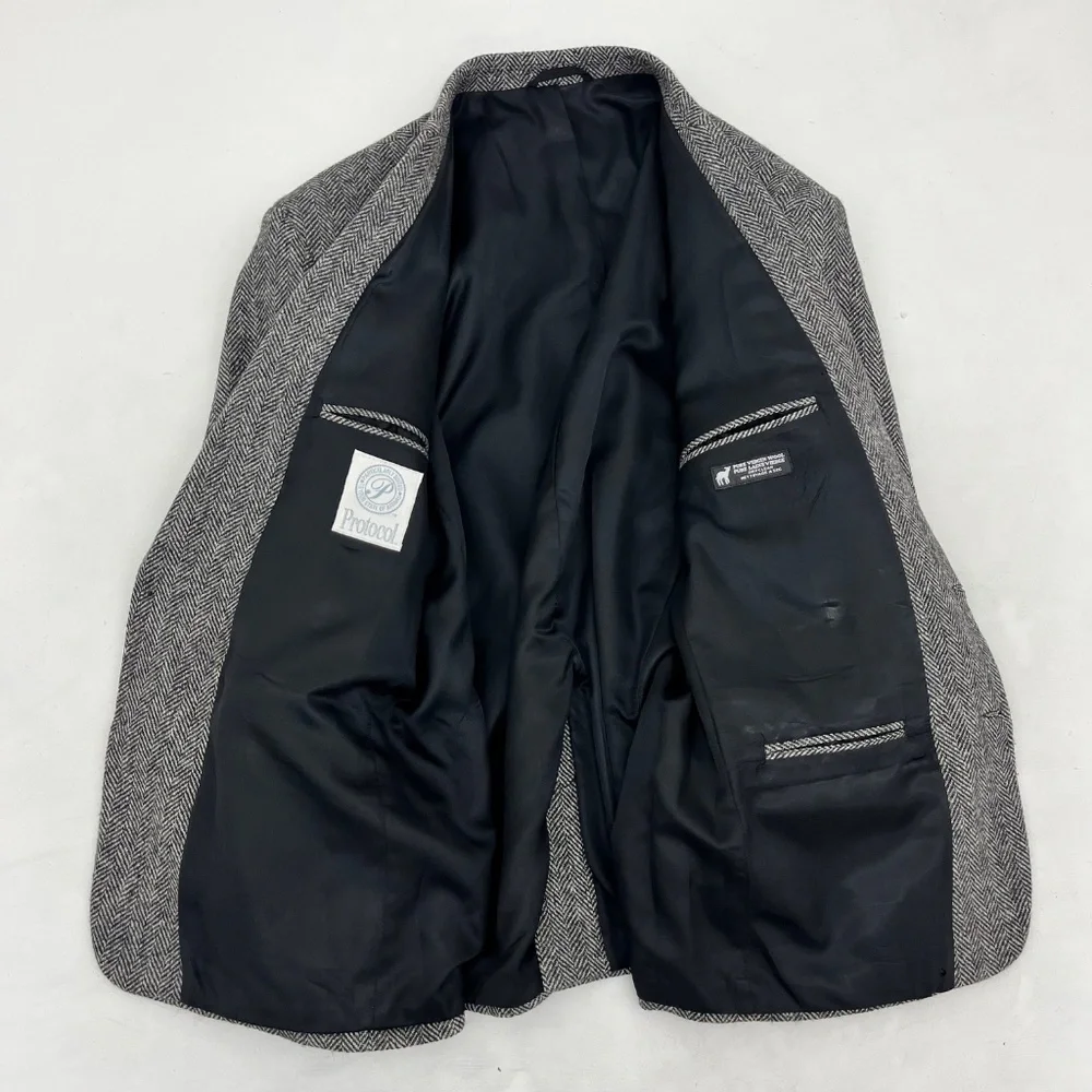 Protocol Mens 44R Single Breasted Blazer Gray Wool Tweed‎ Herringbone Two-Button